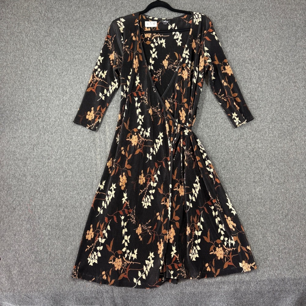 Mica Womens Black Floral Pleated Wrap Midi Dress Brown Tan V-Neck Size Large